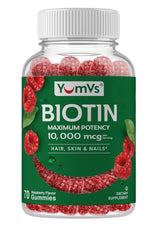 YUM-V'S Biotin Gummies raspberry flavor close-up for hair, skin, and nails support.