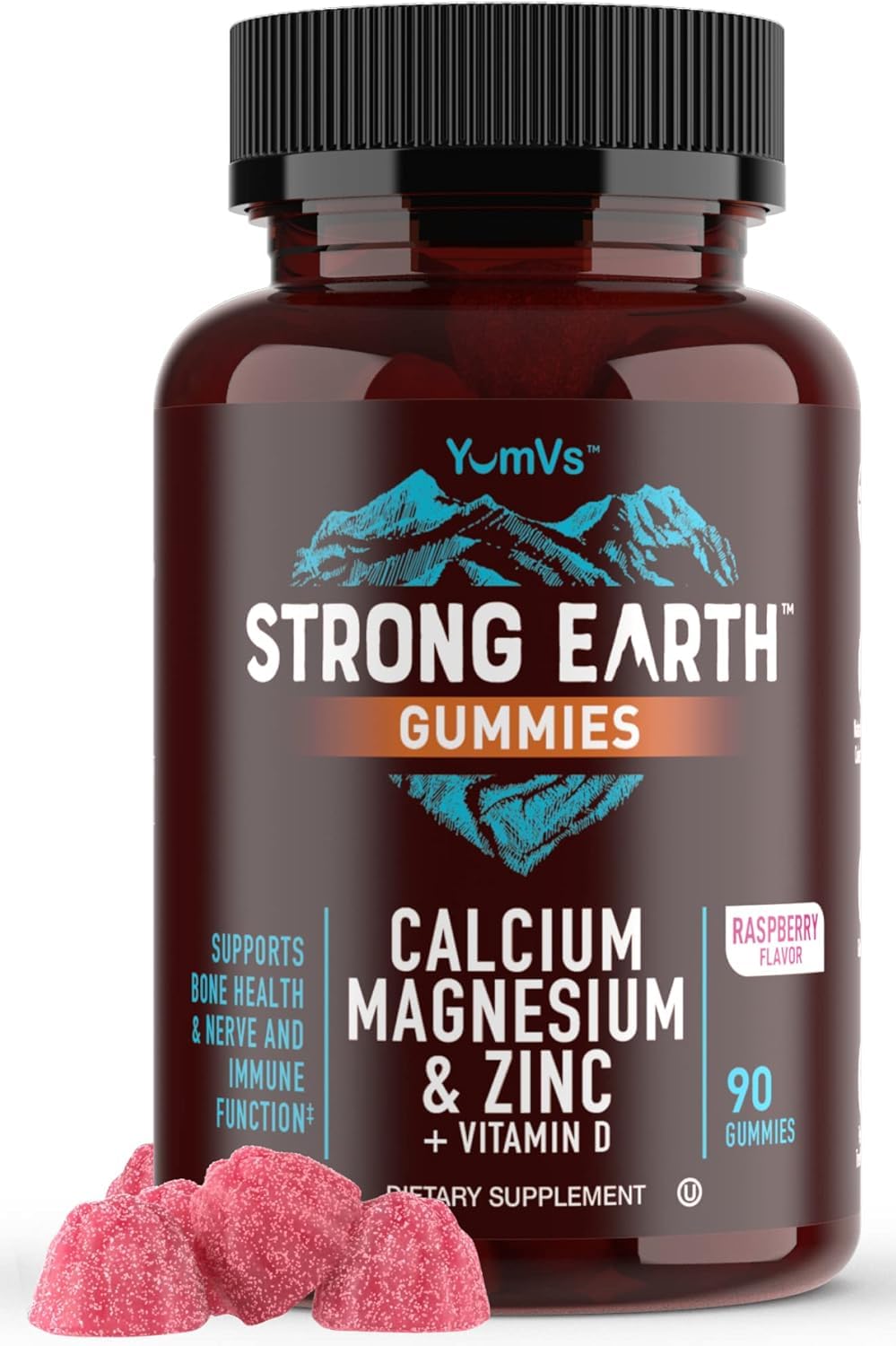 YUM-V'S Calcium Magnesium Zinc Gummies bottle shows bone health support and vitamin D3.