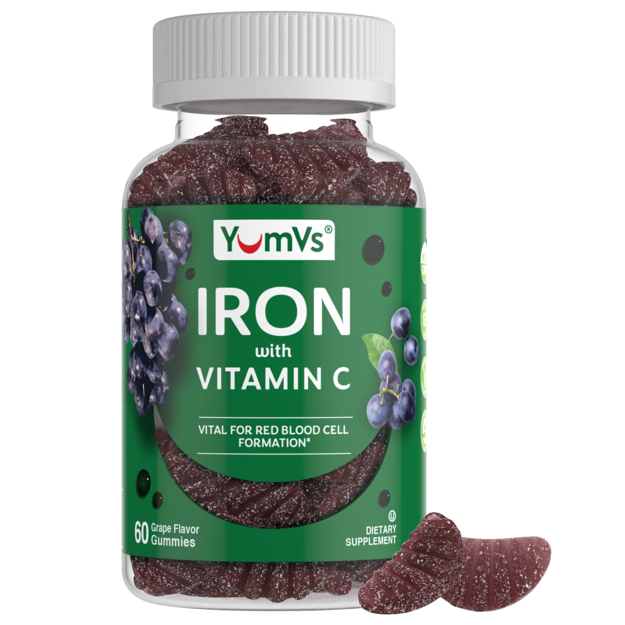 YUM-V'S Iron Gummies grape bottle showing the 60-count package for daily iron support.