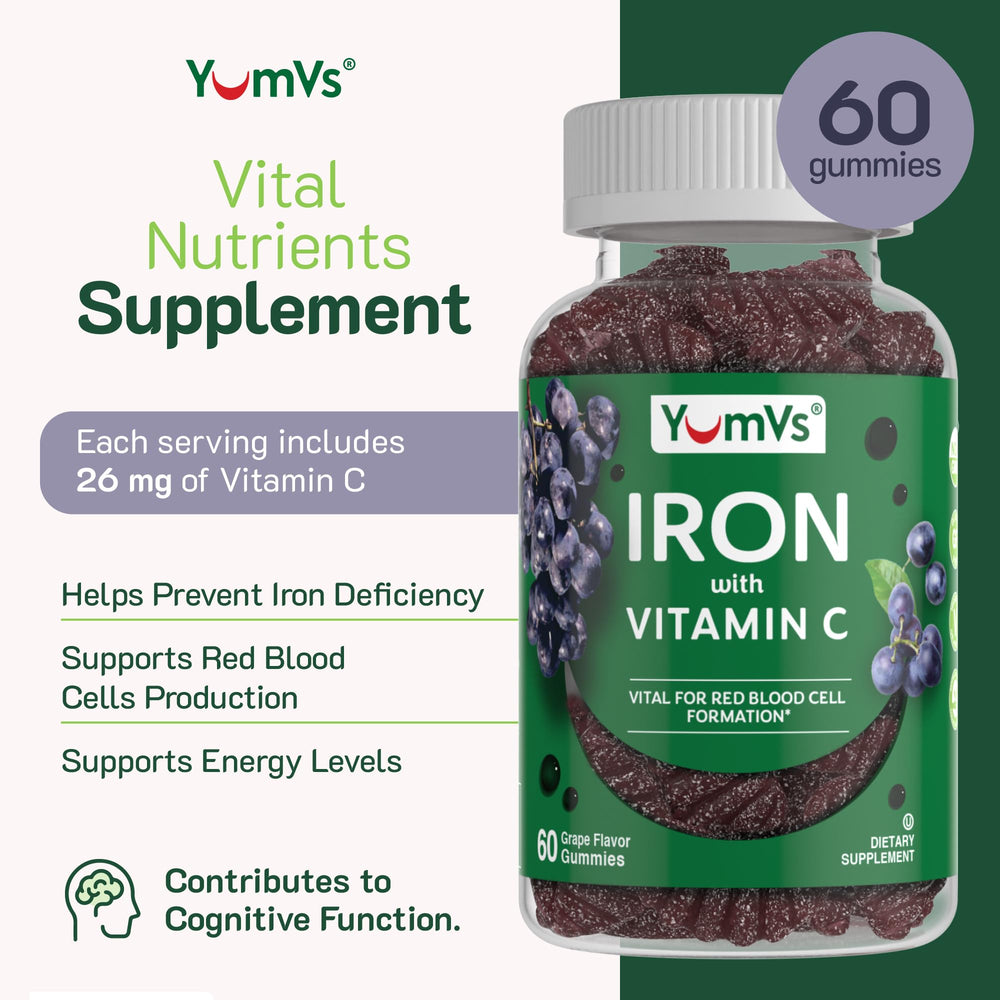 Grape-flavored YUM-V'S gummies appealing to kids for daily iron intake.