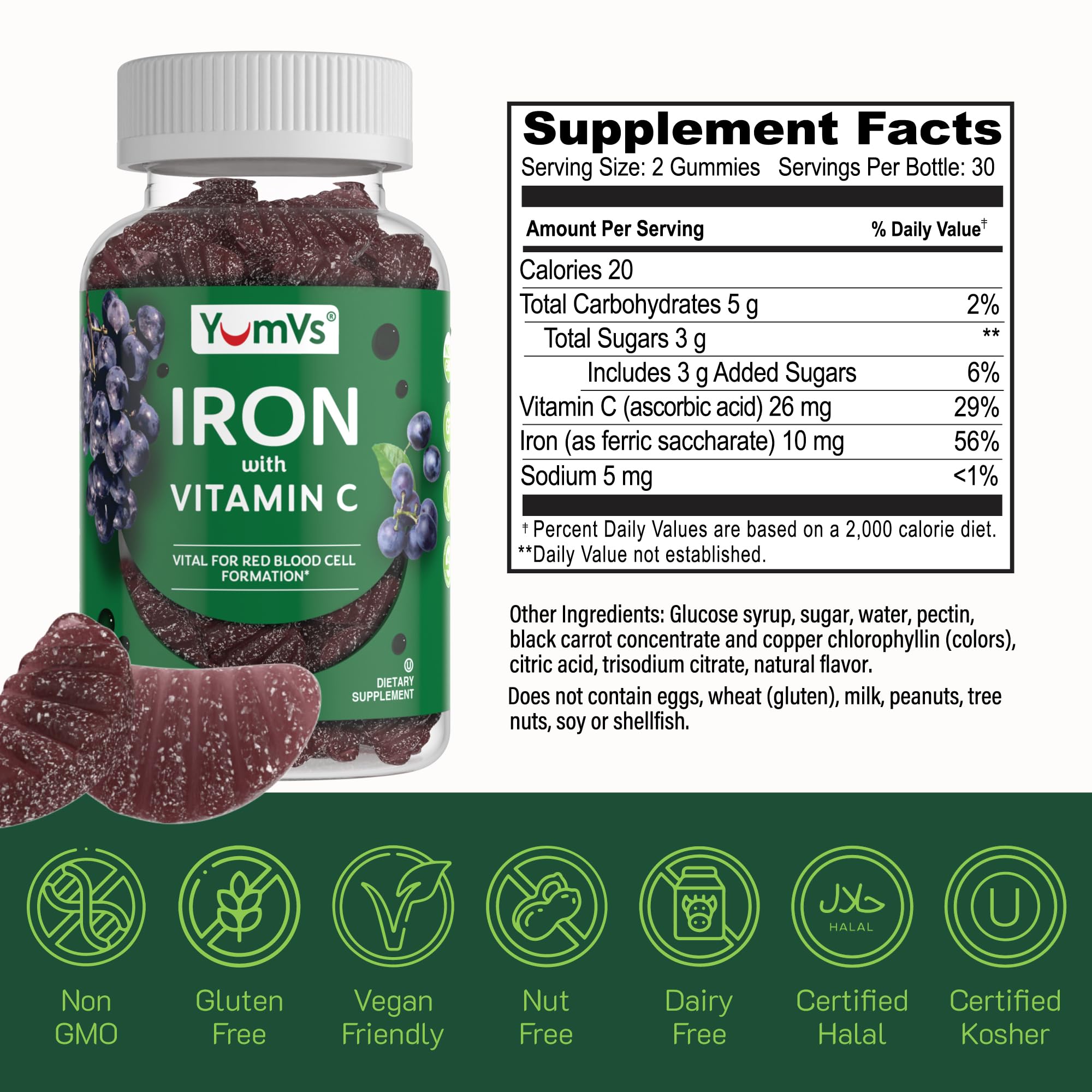 Vegan and kosher certification marks on YUM-V'S packaging.