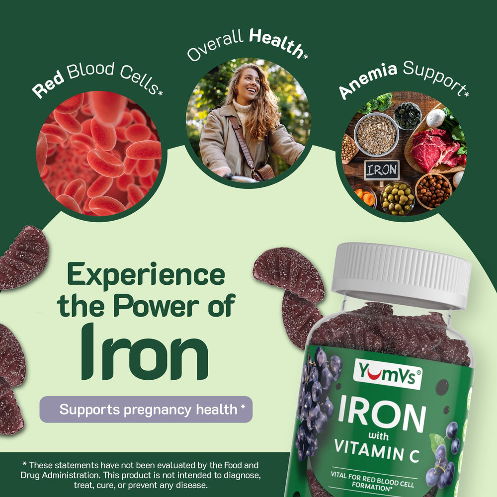Vitamin C boost noted on YUM-V'S iron gummies packaging for absorption.