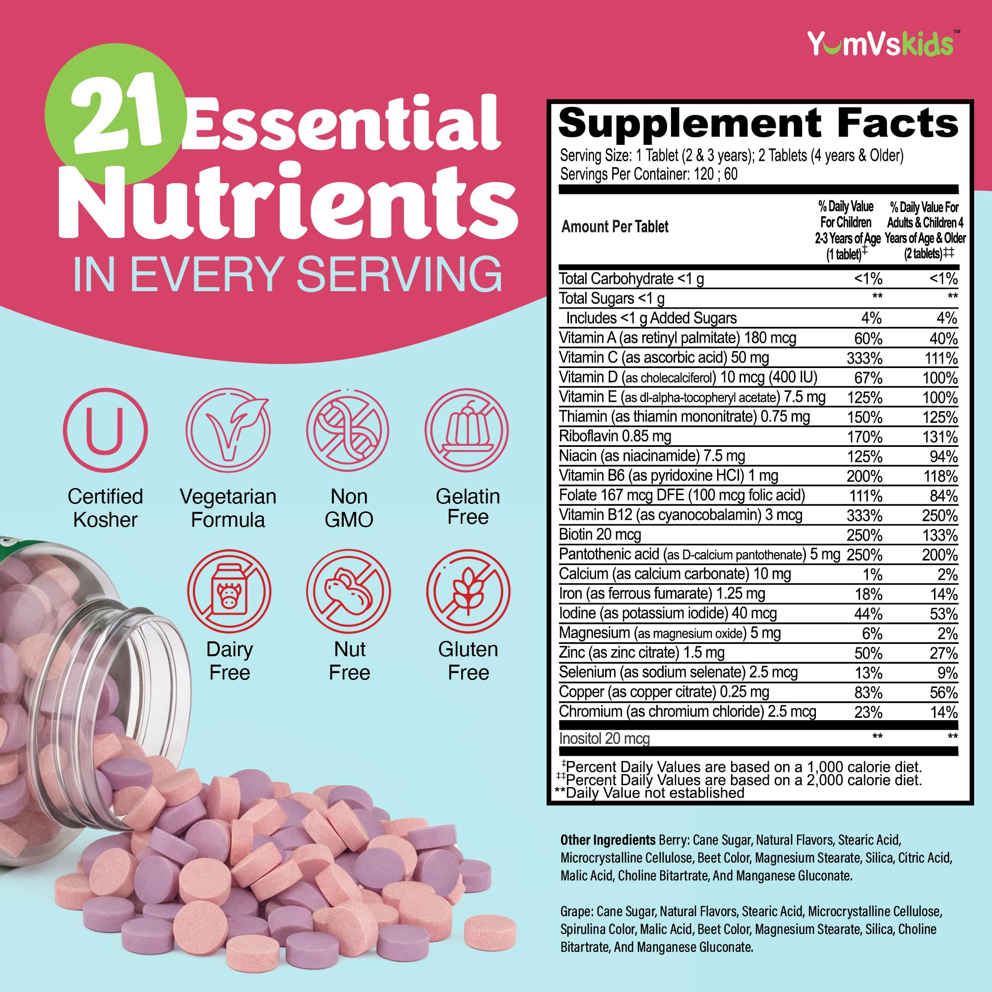 Label highlights kosher and halal certifications on YUM-V'S multivitamin