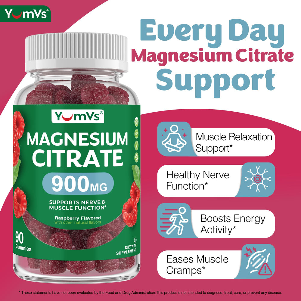 YUM-V'S Magnesium Citrate Gummies closeup raspberry highlights easy chewables supporting muscle relaxation.