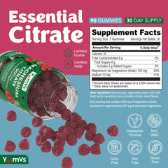 YUM-V'S Magnesium Citrate Gummies non-GMO kosher label communicates safe dietary options.