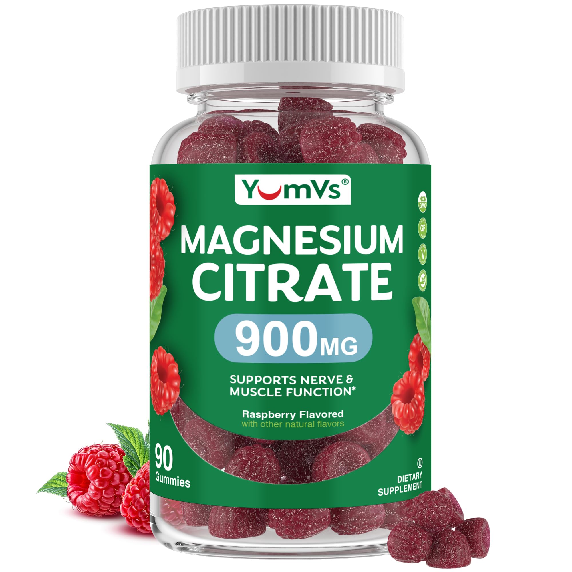 YUM-V'S Magnesium Citrate Gummies raspberry flavor bottle offers tasty daily support for nerves and muscles.