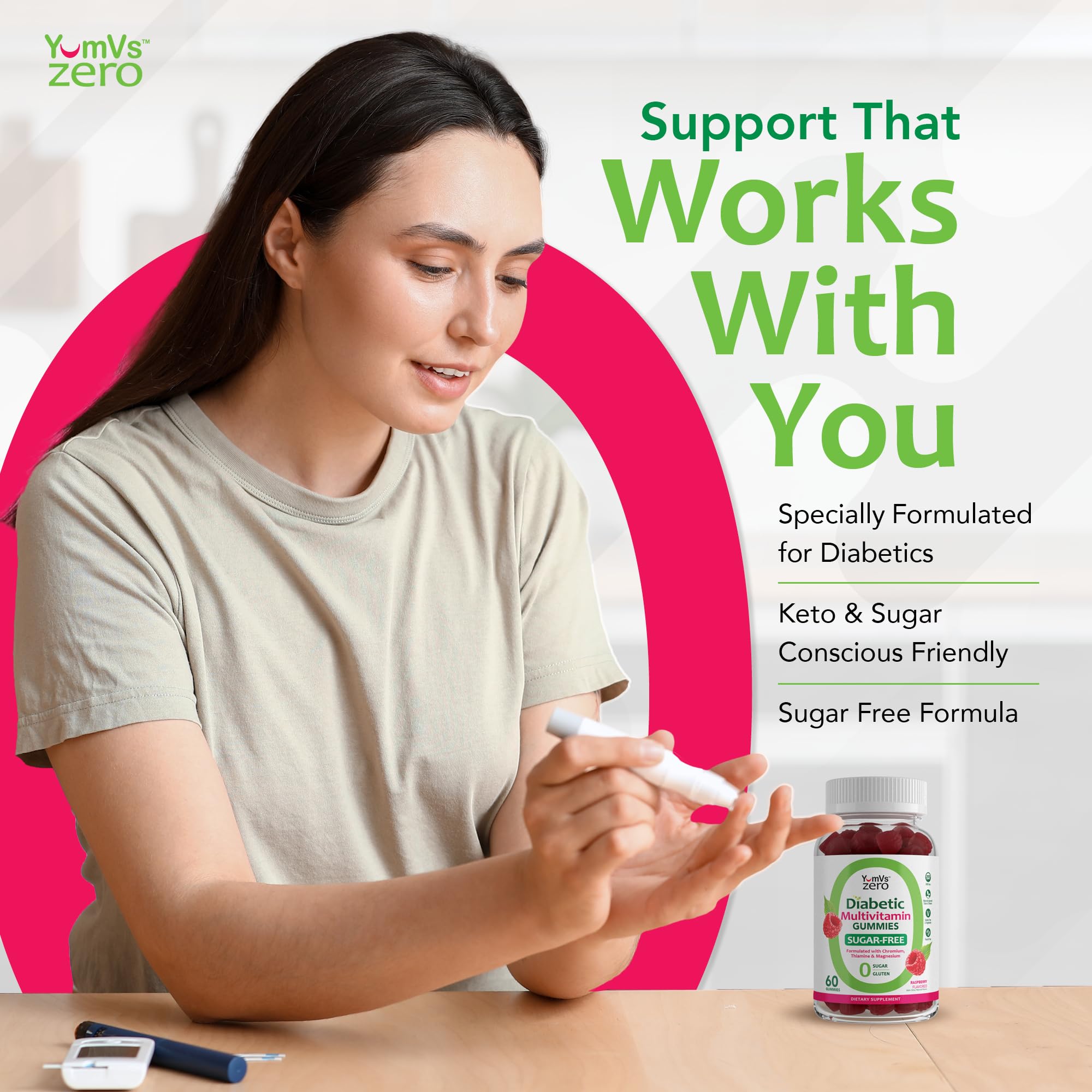 Nutrition label on YUM-V'S gummies emphasizes zero sugars and low net carbs