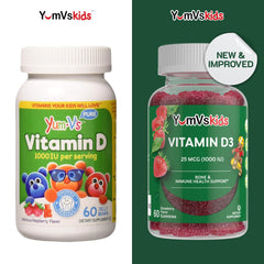 YUM-V'S Vitamin D kids bottle pour demonstrates easy daily dosing