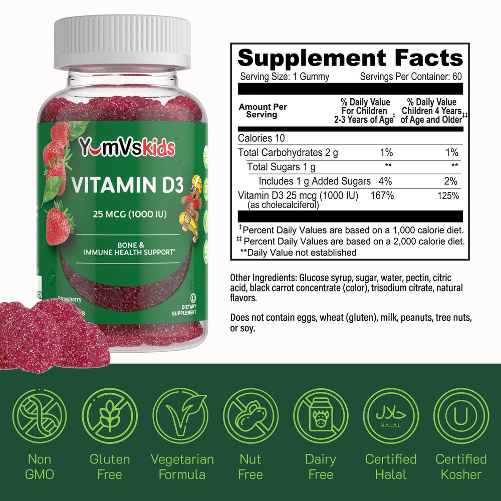 YUM-V'S Vitamin D kids non-GMO label signals purity