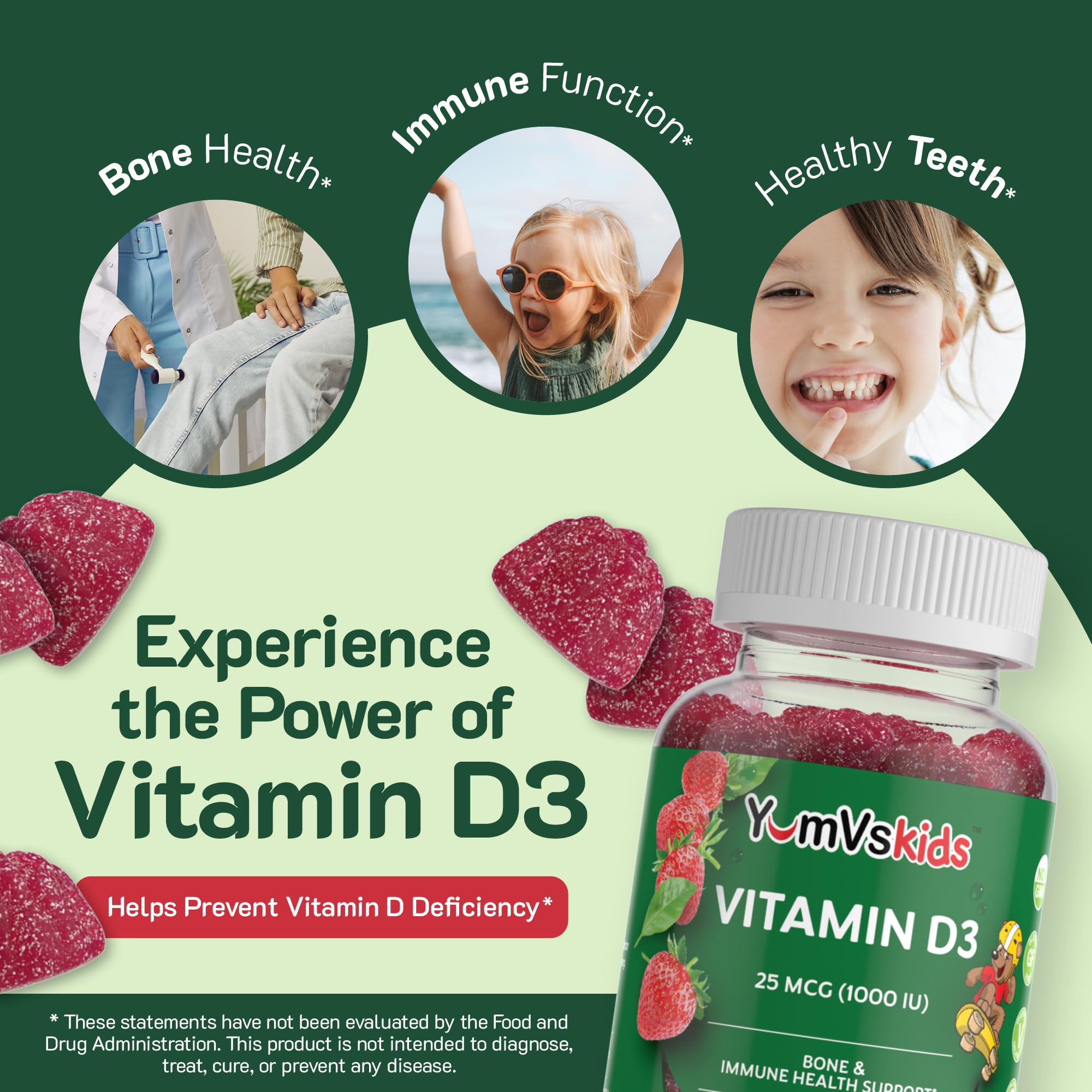 YUM-V'S Vitamin D kids one gummy closeup implies simple daily dose