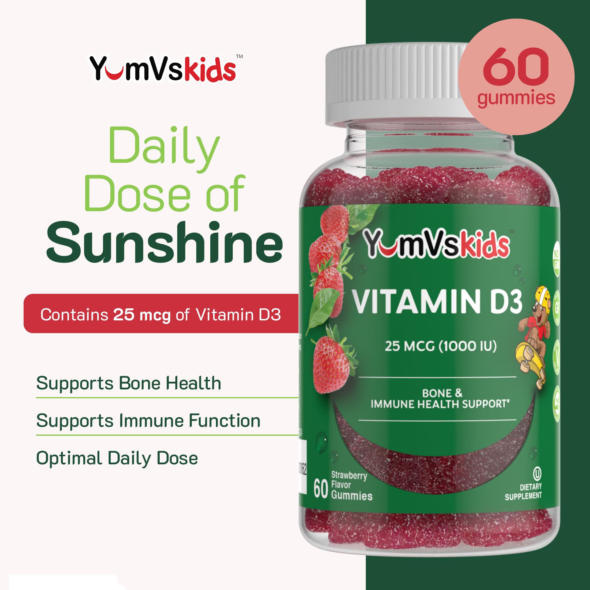 YUM-V'S Vitamin D kids strawberry flavor image suggests tasty chewiness