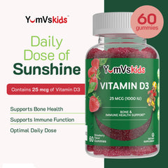 YUM-V'S Vitamin D kids strawberry flavor image suggests tasty chewiness