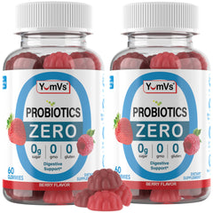 YUM-V'S Zero Sugar probiotic bottle promotes daily digestive balance.