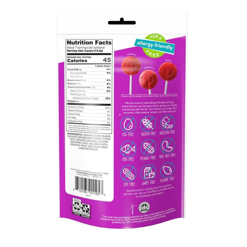 YumEarth Organic Vitamin-C Pops closeup shows colorful lollies ideal for kids' vitamin boost.