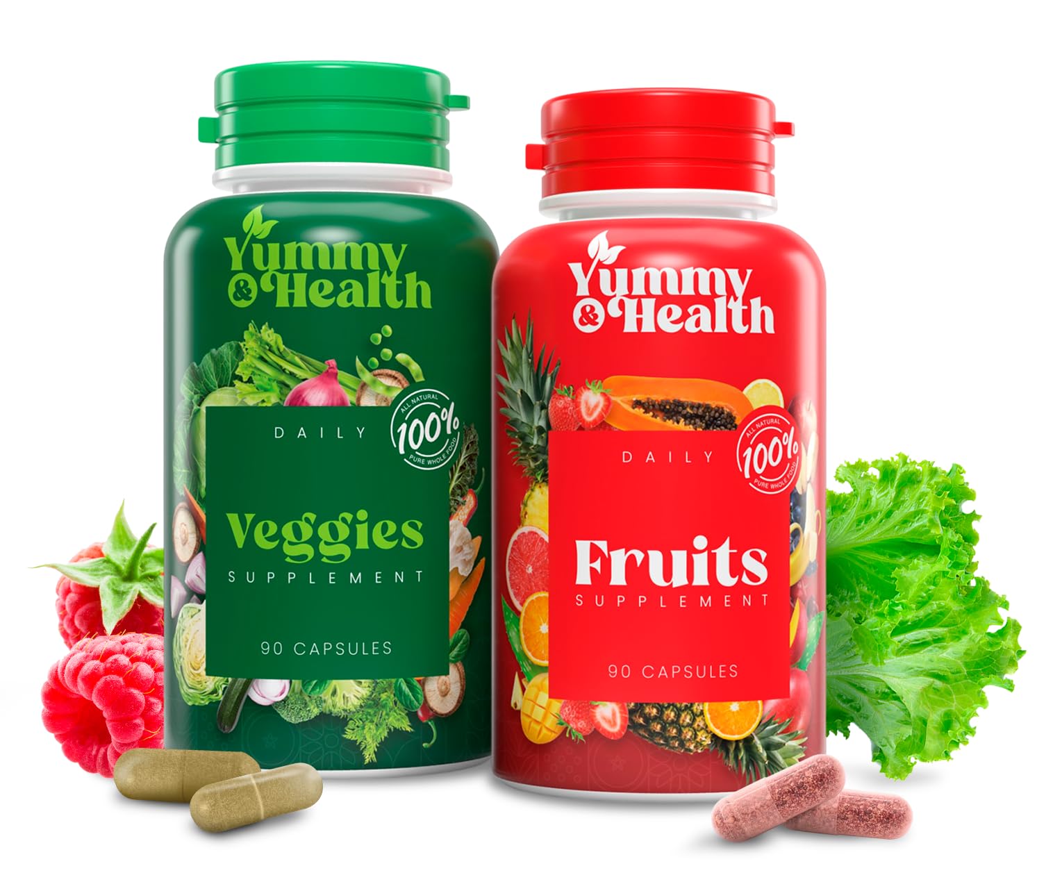 Yummy & Health Fruits & Veggies Capsules bottle front shows convenient plant-based nutrition