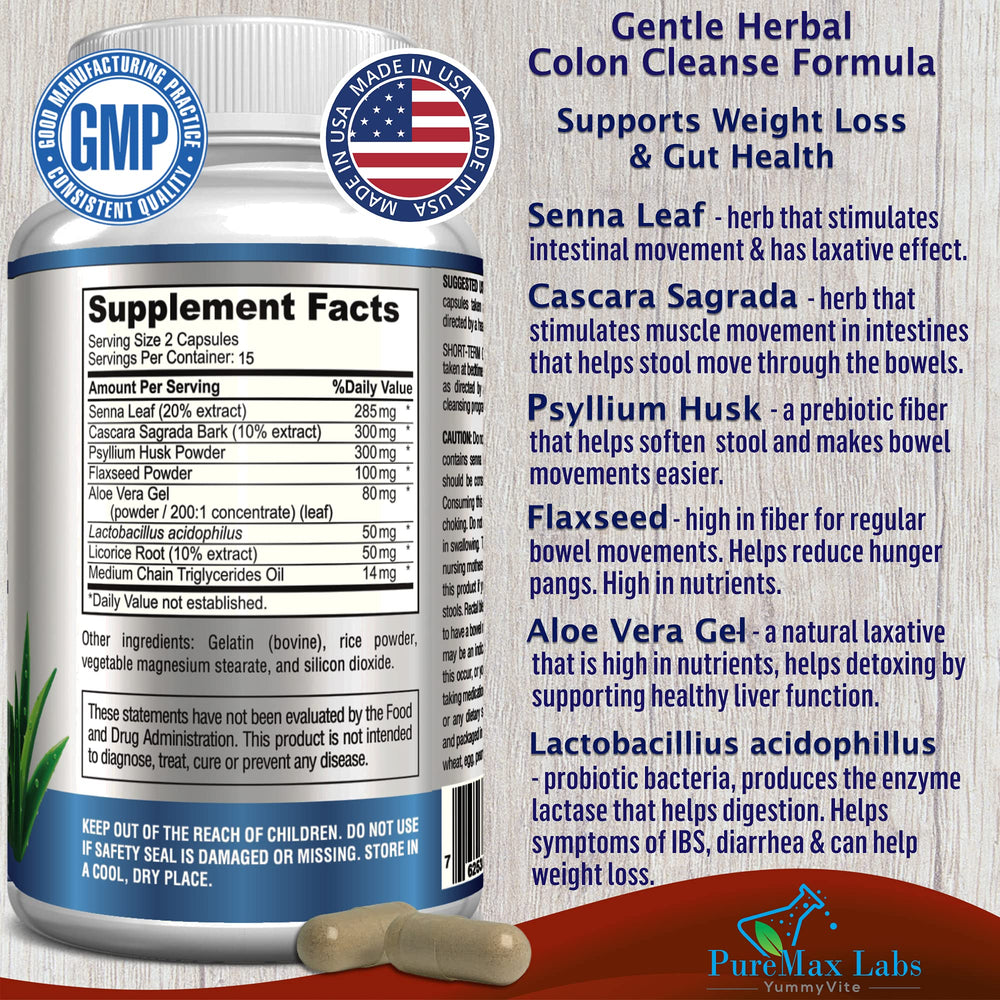 YUMMYVITE 15 Day Colon Cleanse capsules closeup showing the herbal blend.