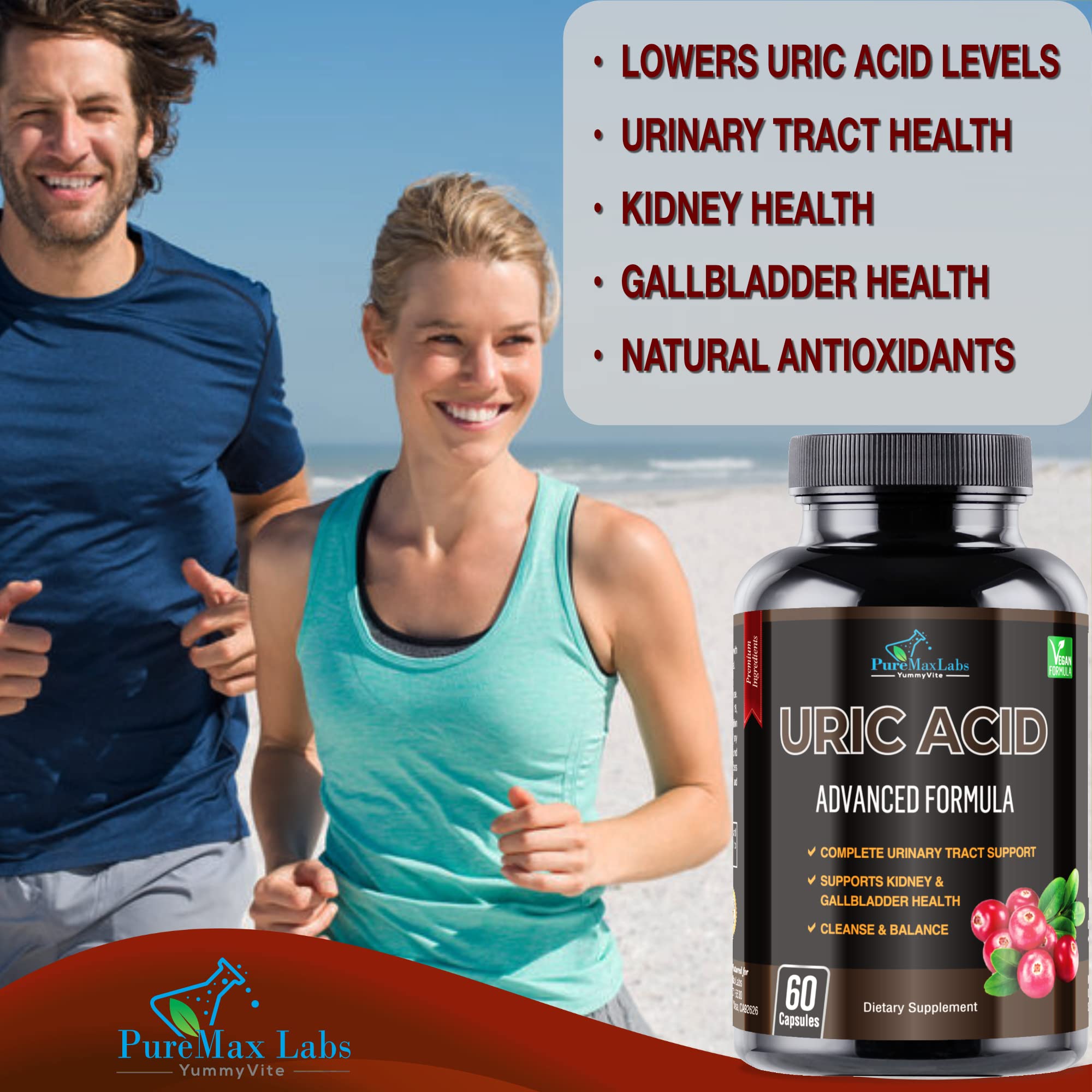 YUMMYVITE Uric Acid cranberry-pomegranate elements emphasizing natural extracts.