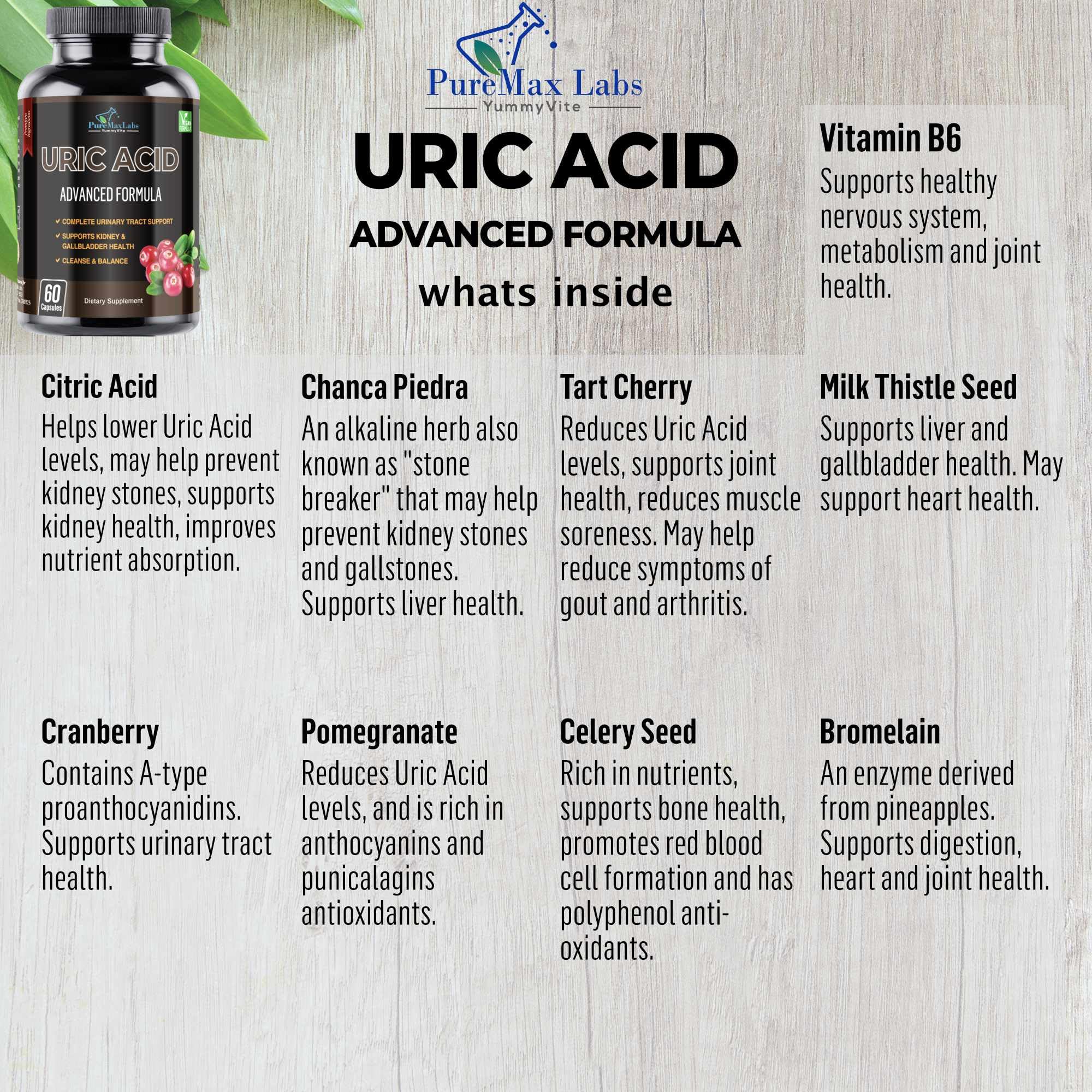 YUMMYVITE Uric Acid label detail showcasing ingredients and quality marks.