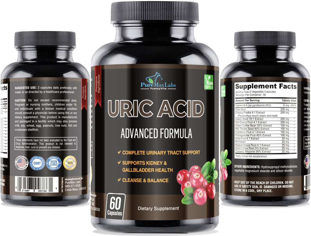 YUMMYVITE Uric Acid milk thistle bromelain visual highlighting botanical blend.