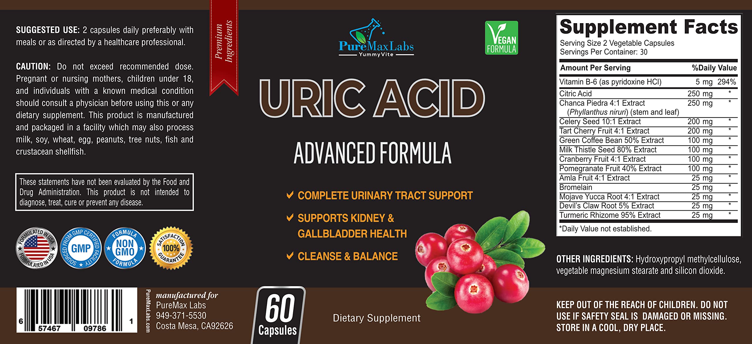 YUMMYVITE Uric Acid USA manufacturing mark indicating GMP facility.