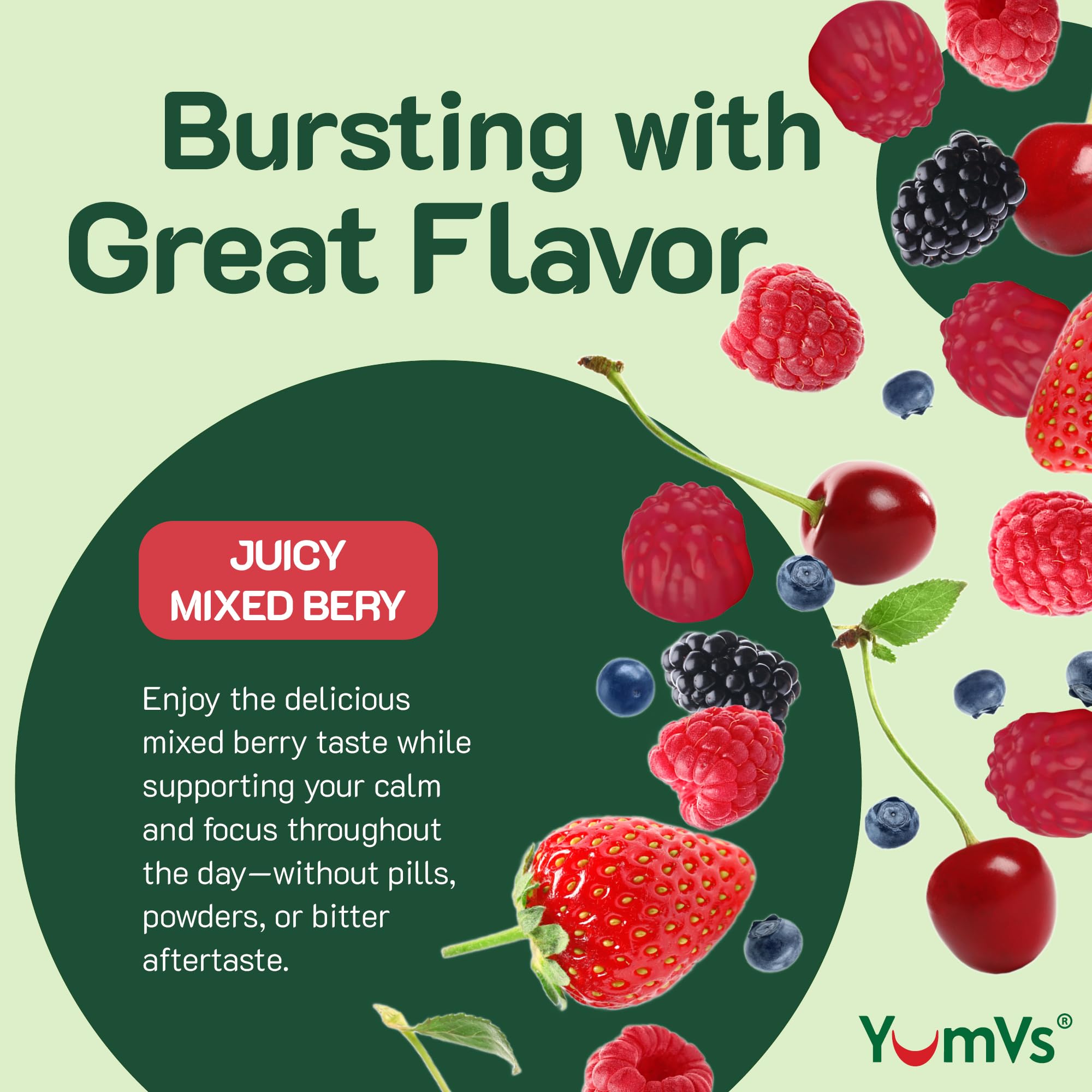 YUM-V'S De-Stress Gummies ingredients panel with GABA L-Theanine Lemon Balm