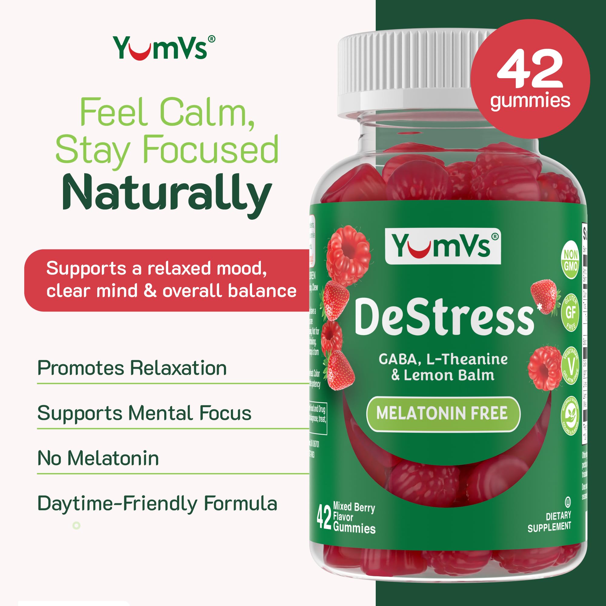 YUM-V'S De-Stress Gummies mixed berry close-up for relaxing mood