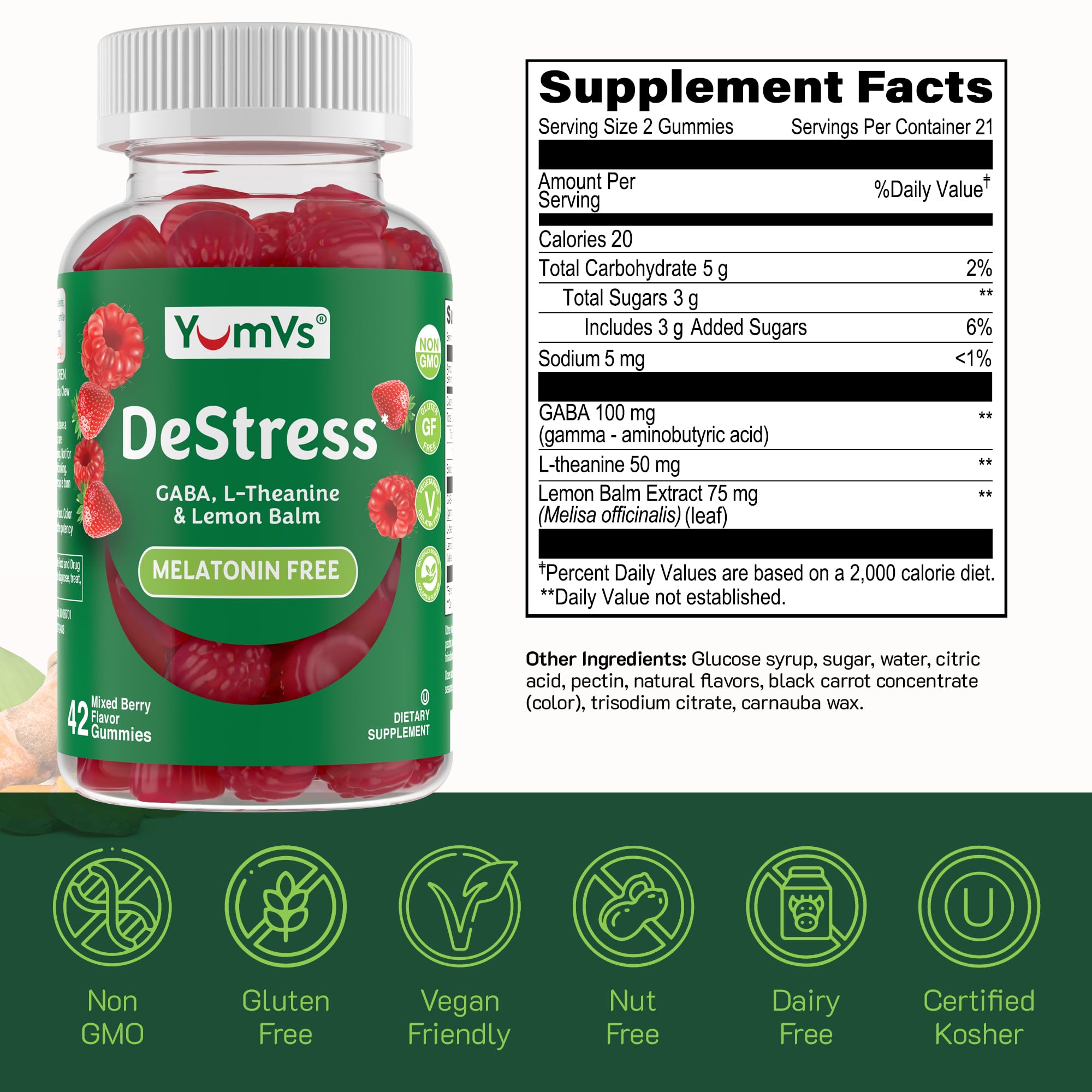 YUM-V'S De-Stress Gummies jar highlights non-GMO gluten-free vegetarian ingredients