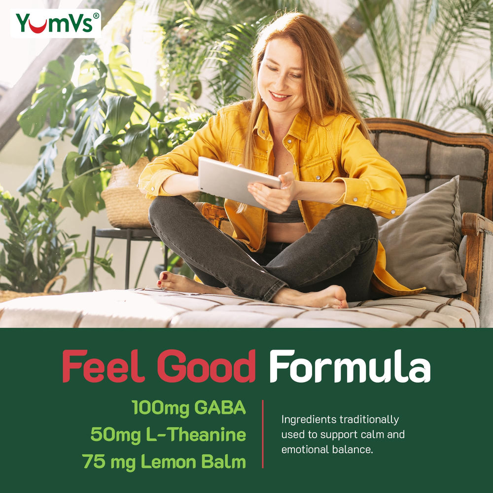YUM-V'S De-Stress Gummies open jar with gummies spilling onto surface