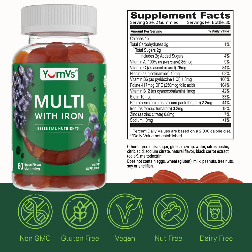 YUM-V'S Iron Gummies packaging front view highlights vegan, gelatin-free formula.