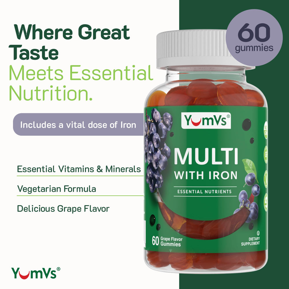 YUM-V'S Iron Gummies pour highlights grape flavor for easy daily intake.