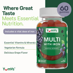 YUM-V'S Iron Gummies pour highlights grape flavor for easy daily intake.