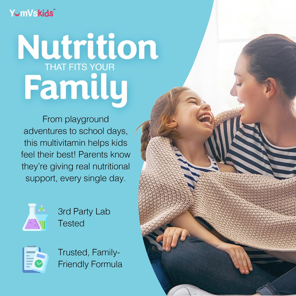 YUM-V'S kid-friendly chewables shown next to a daily routine checklist.