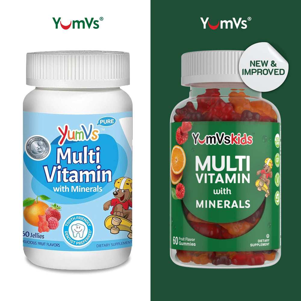YUM-V'S bottle packaging highlights kid-friendly gummies for easy daily use.