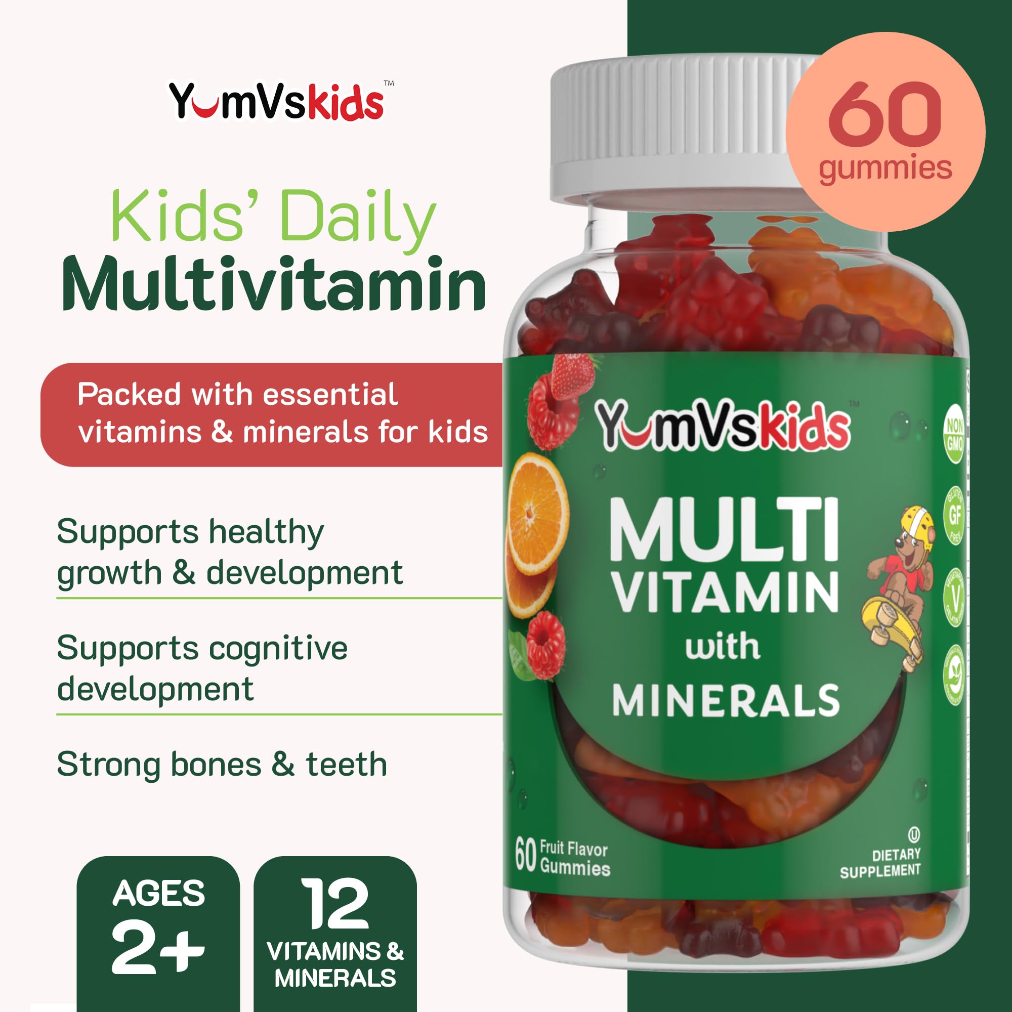 YUM-V'S vitamin and mineral label shows A, C, D3, and zinc benefits.
