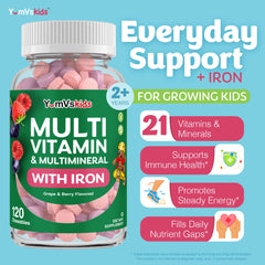 YUM-V'S nutrition label highlights iron and vitamins for growing children.