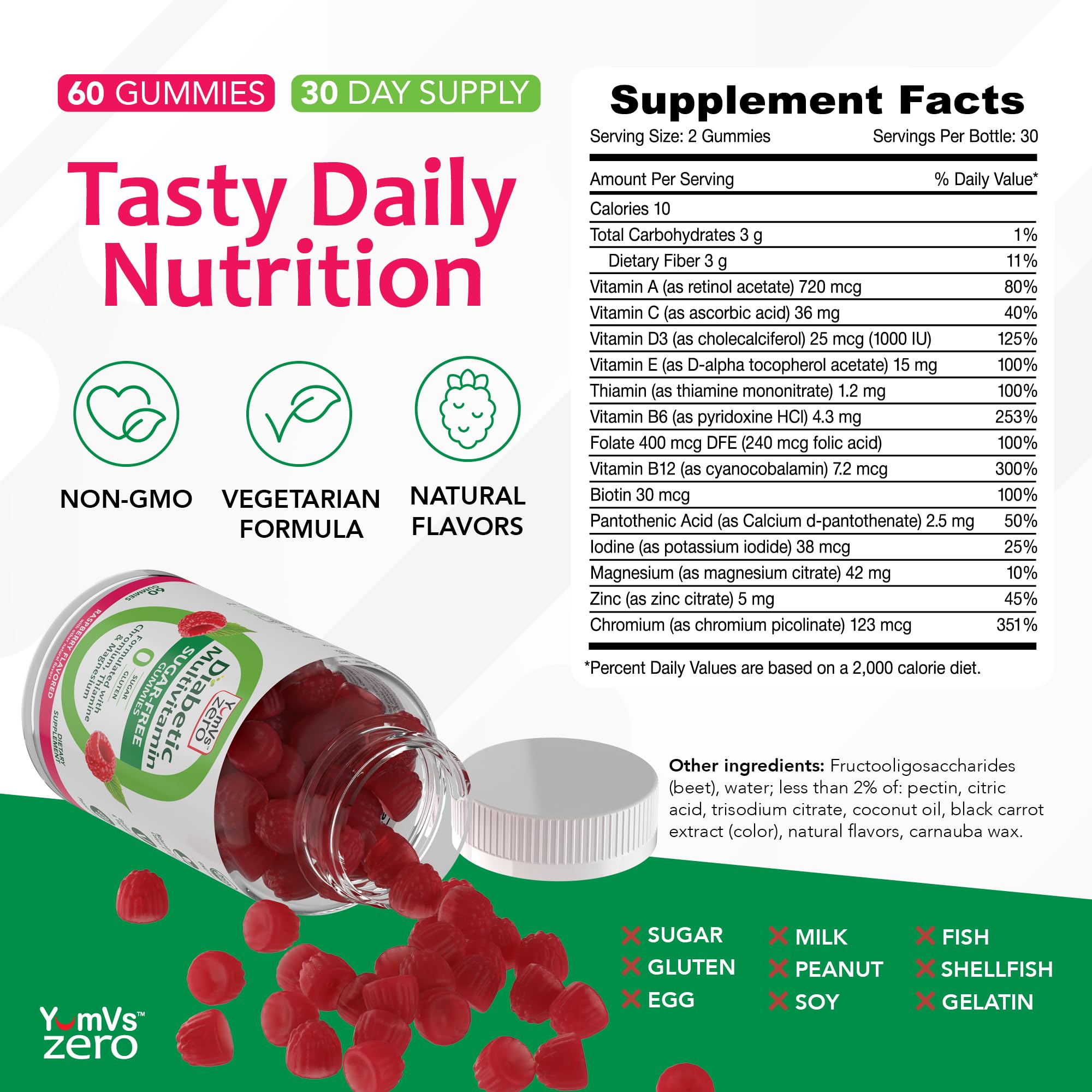 YUM-V'S multivitamin nutrition facts label—high in essential vitamins and minerals.