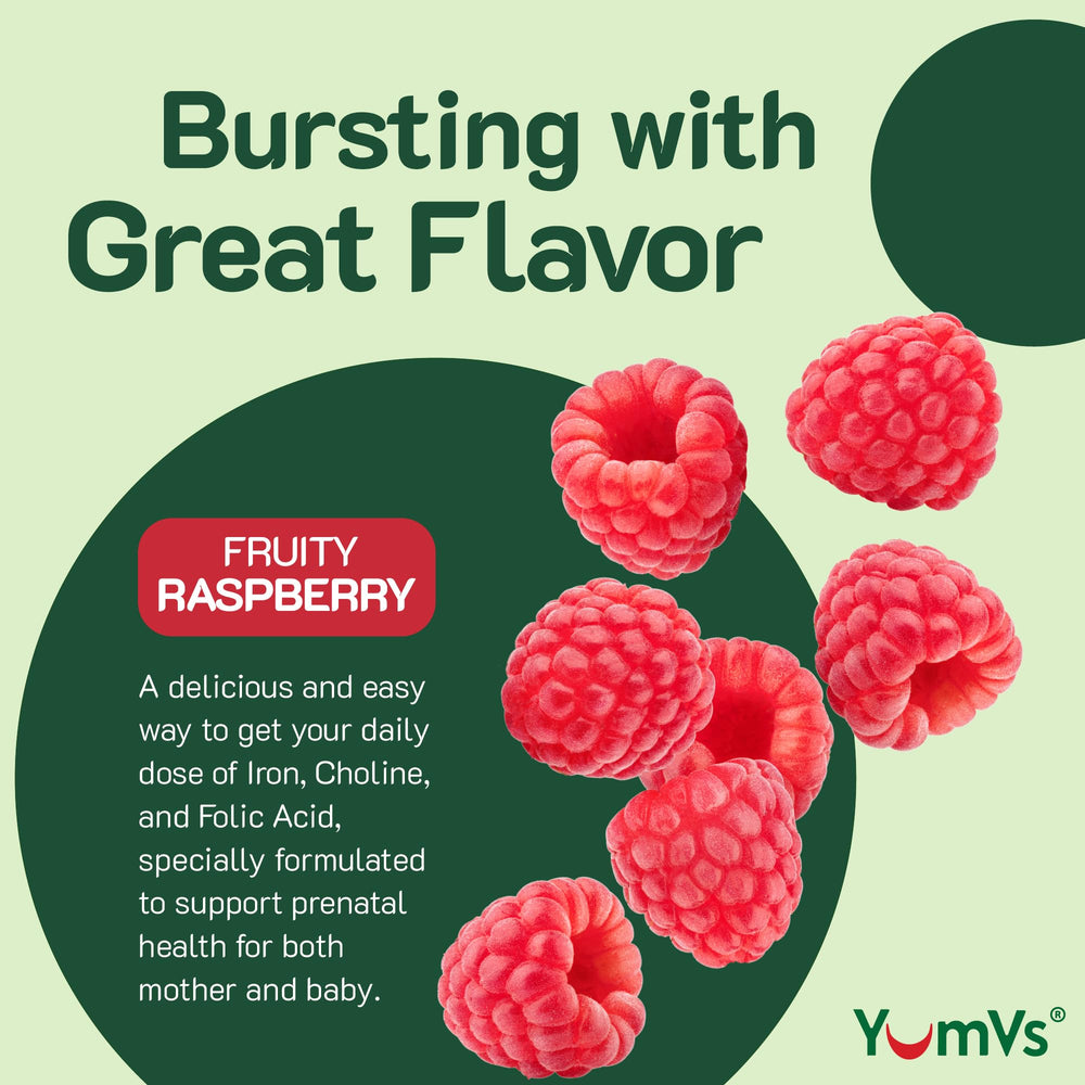 YUM-V'S YumVs Prenatal Gummies bottle and packaging side view.
