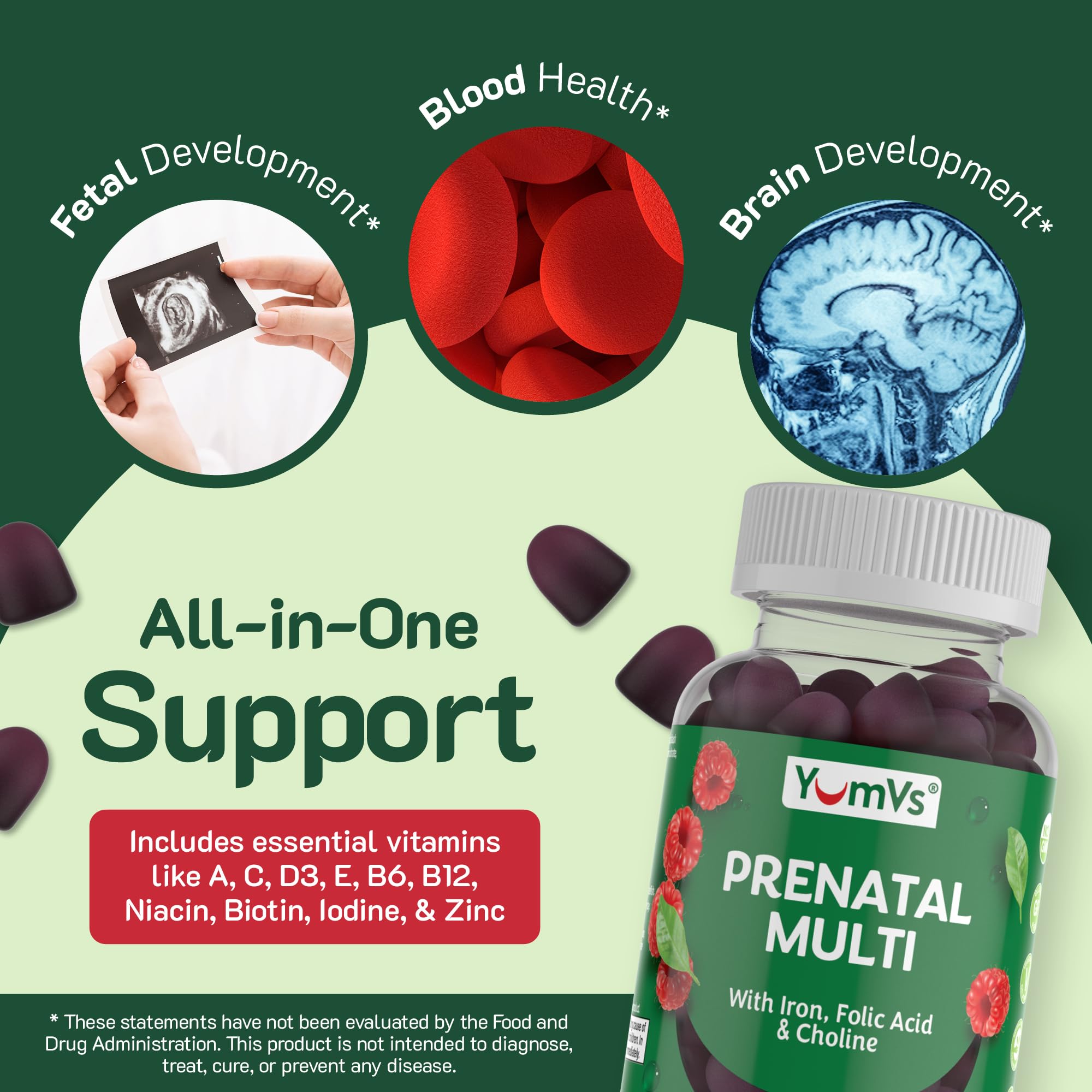 YUM-V'S YumVs vegetarian and kosher symbol on prenatal gummies packaging.