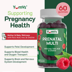 YUM-V'S YumVs Prenatal Gummies label closeup showing ingredients and benefits.