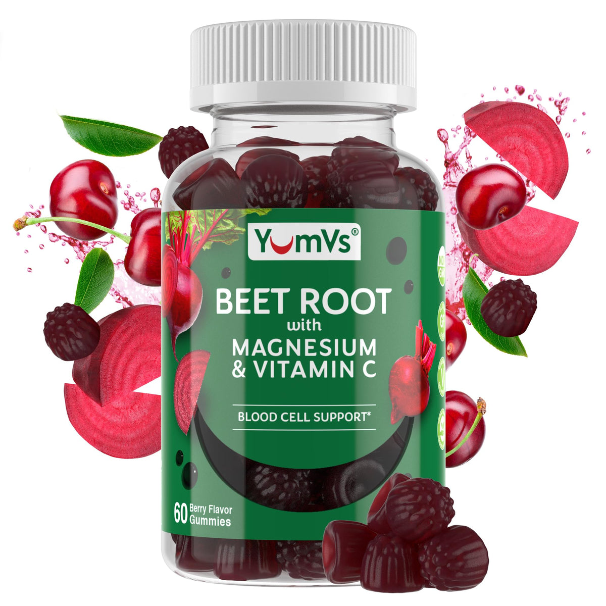 YUM-V'S gominolas de remolacha en botella con sabor frambuesa para snack saludable