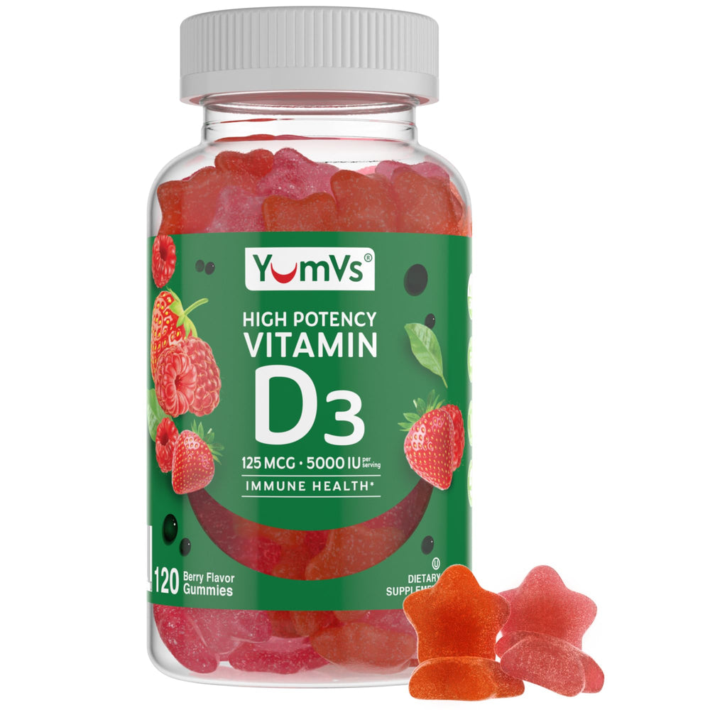 YUM-V'S Vitamin D3 Gummies bottle showcases high-potency 5000 IU chew for immune support.