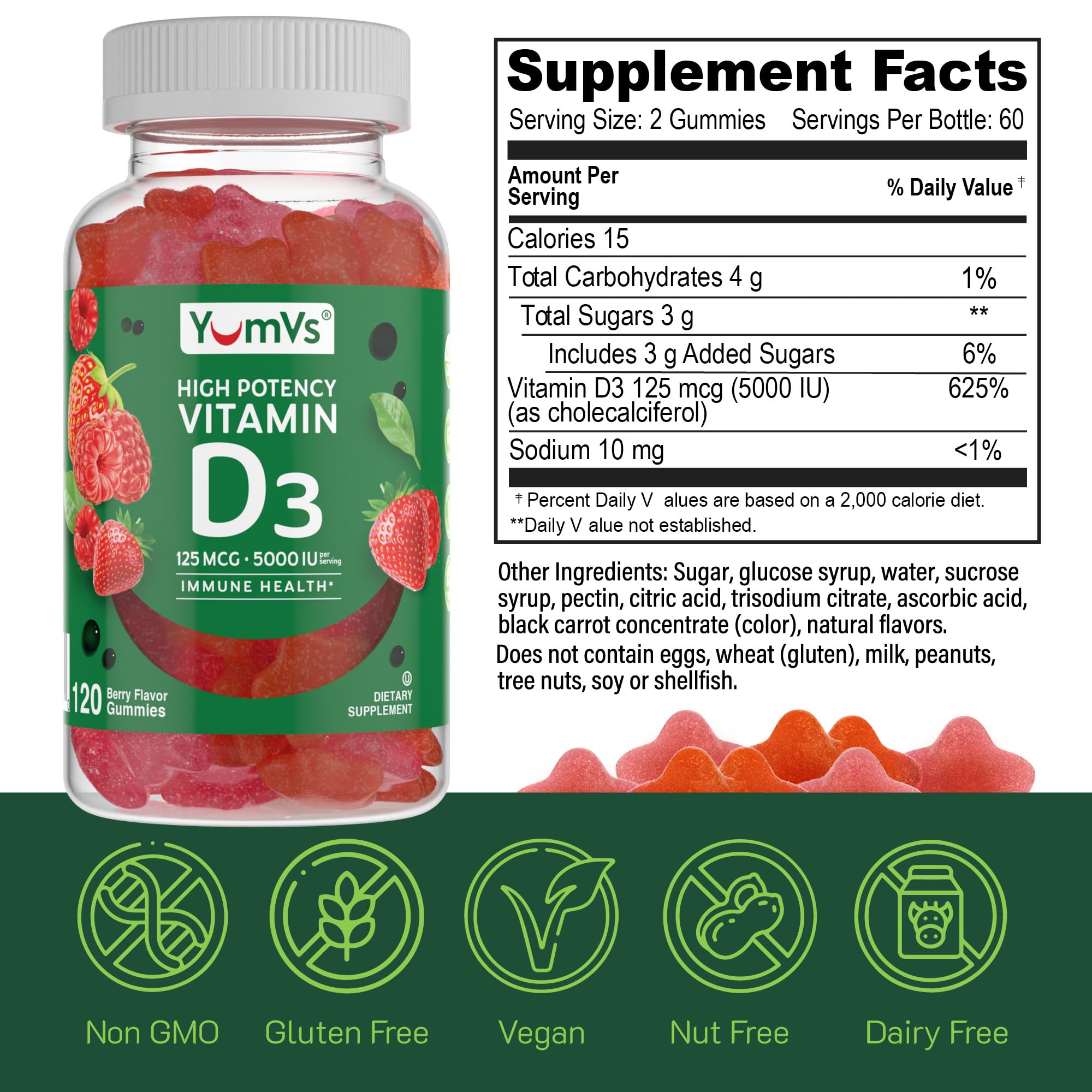Clear ingredient list highlights gluten-free, dairy-free, non-GMO, and vegetarian-friendly features.