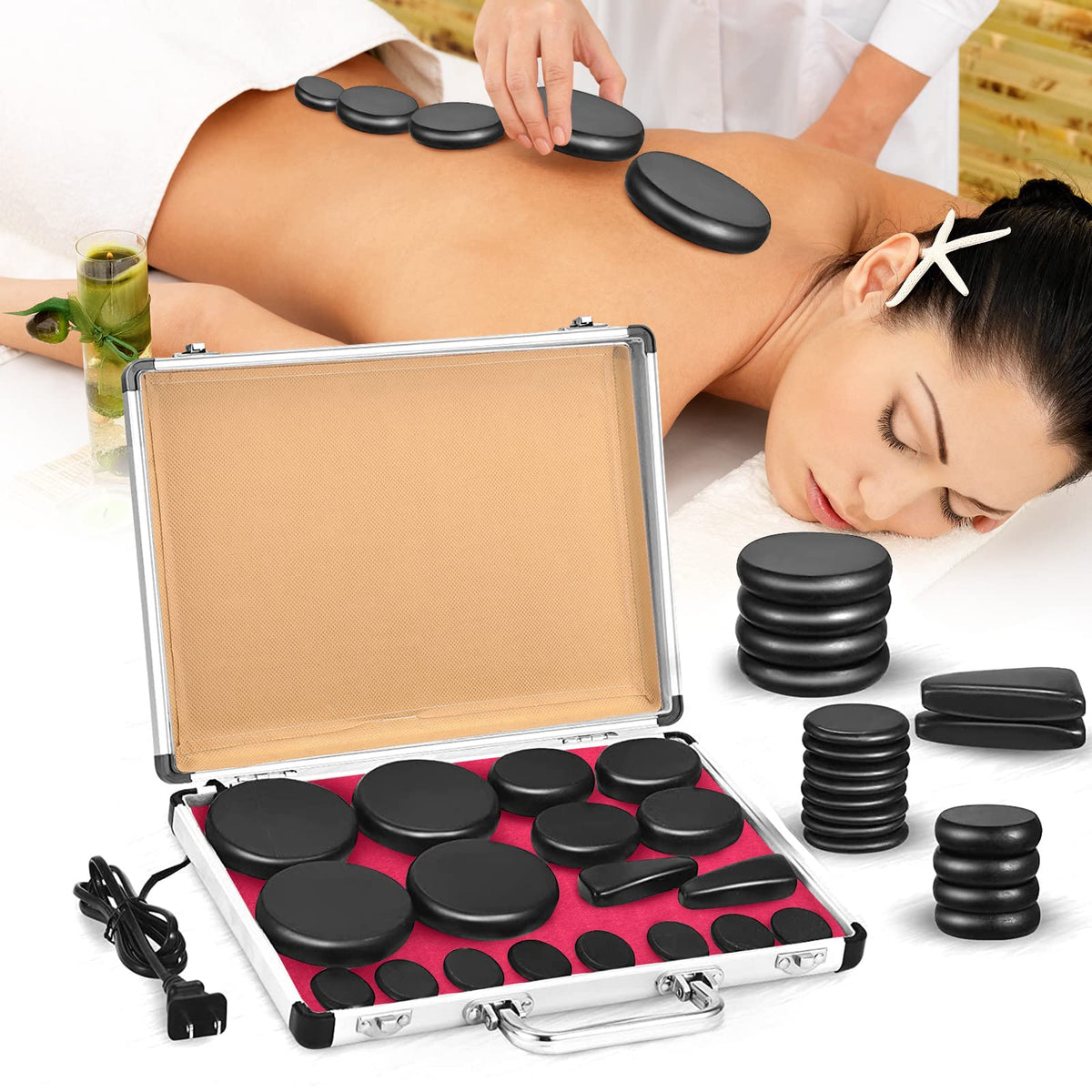 Yunsailing hot stones kit with six stones and heating box for professional or home spa use.