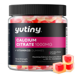 Yutiny calcium citrate gummies in a glossy jar, easy daily chew for bone support.