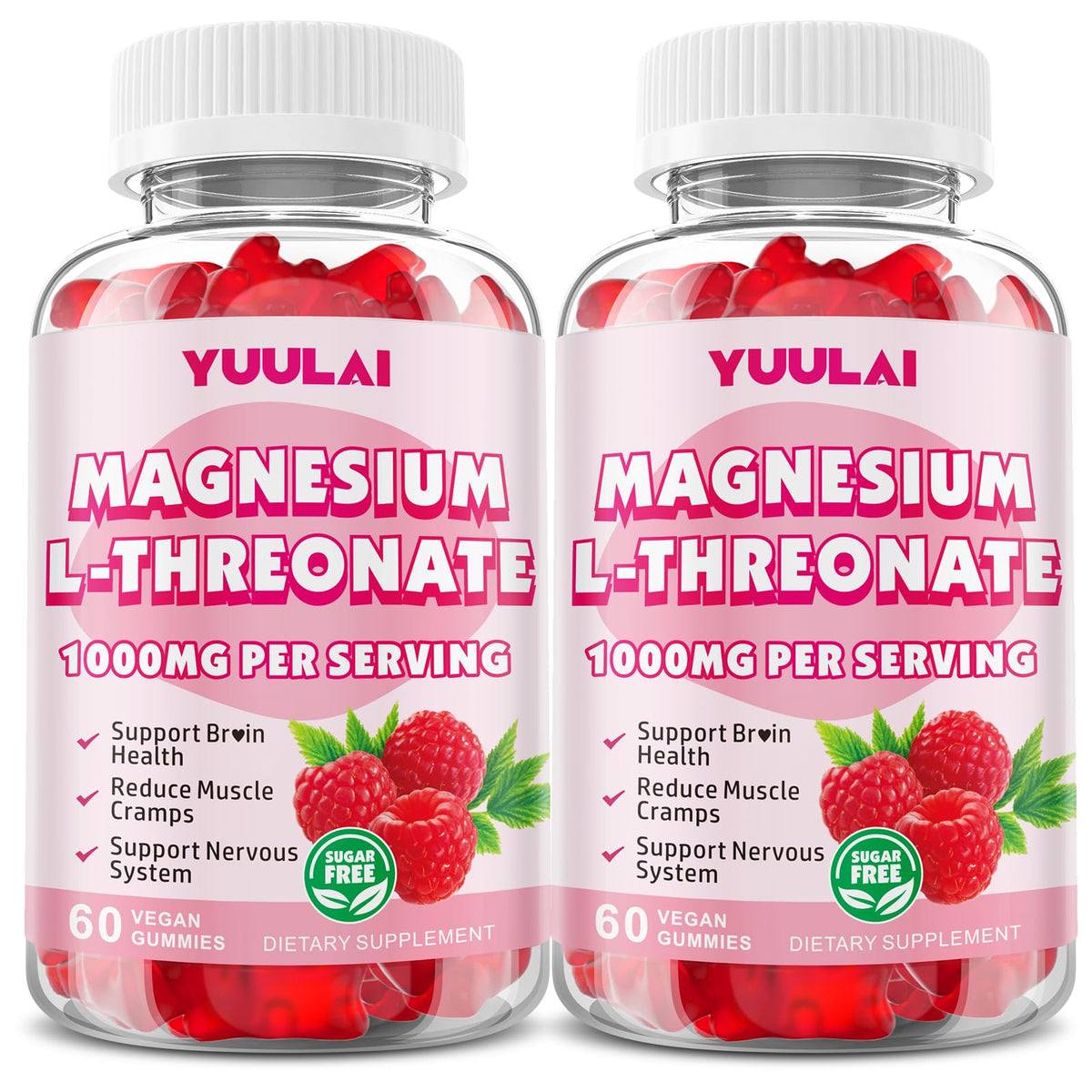 YUULAI magnesium L-threonate gummies raspberry bottle highlights quick absorption.
