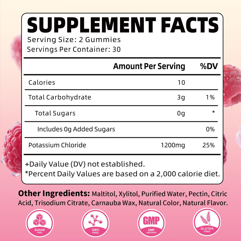 YUULAI Potassium Gummies label close-up shows 1200 mg per serving for daily support