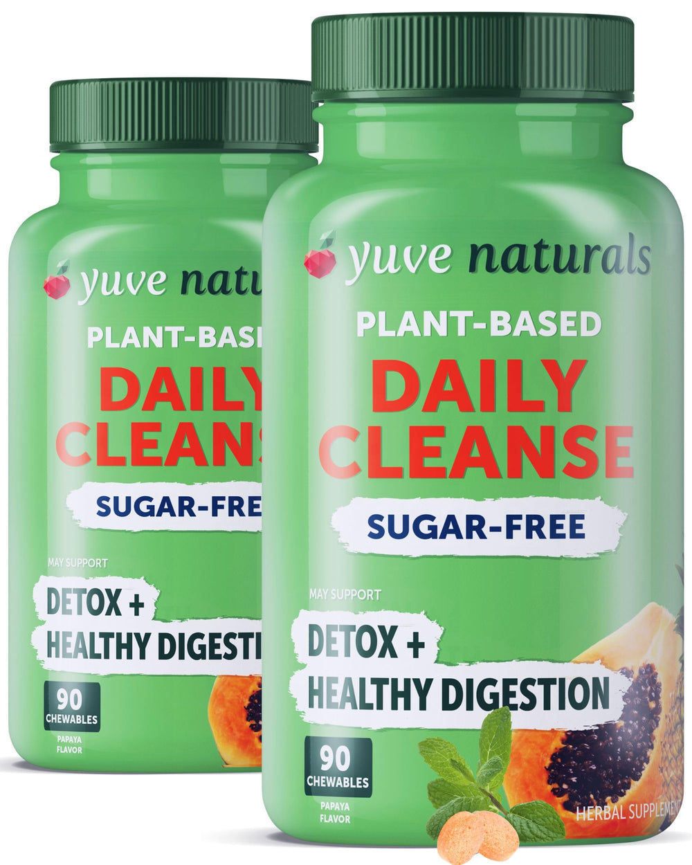 Yuve Naturals chewable papaya enzymes in a bottle offer tropical flavor for post-meal comfort.