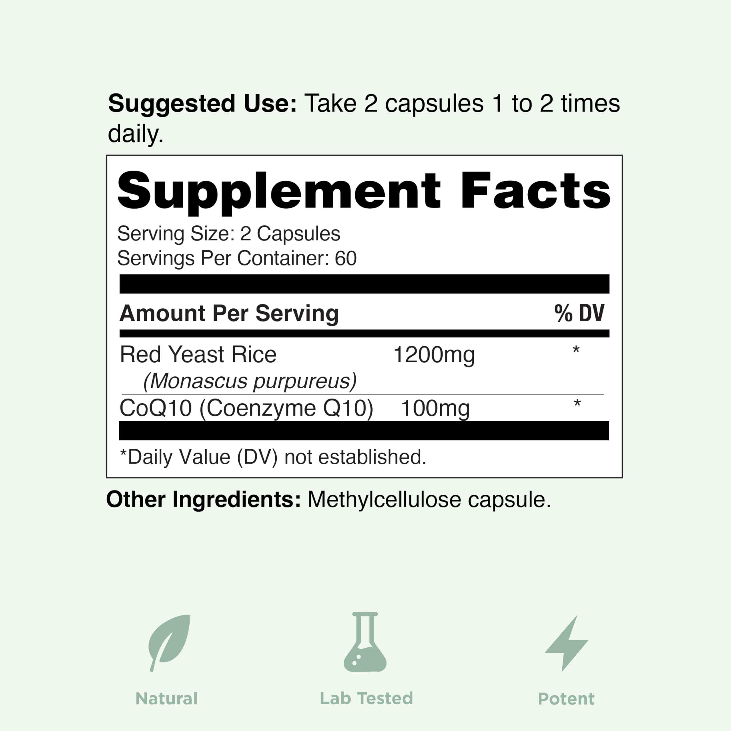 Yuve nutrition facts close-up with red yeast rice per serving.