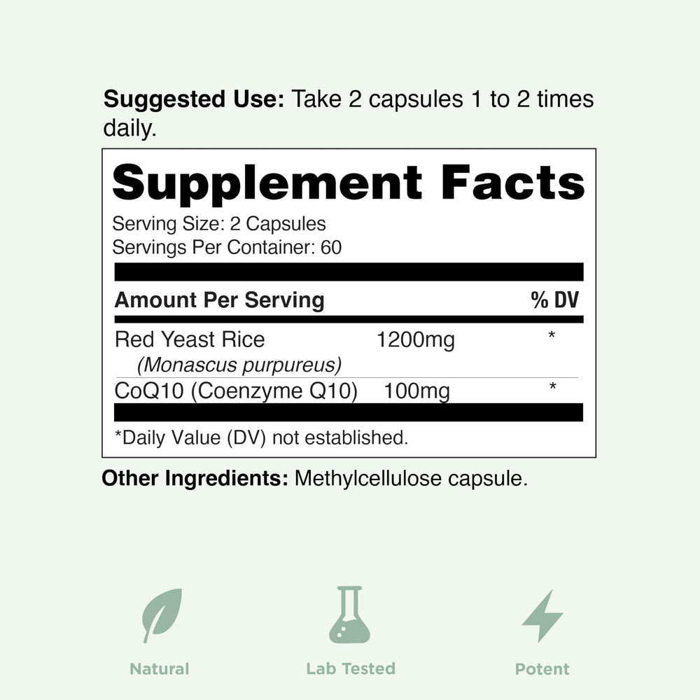 Yuve nutrition facts close-up with red yeast rice per serving.