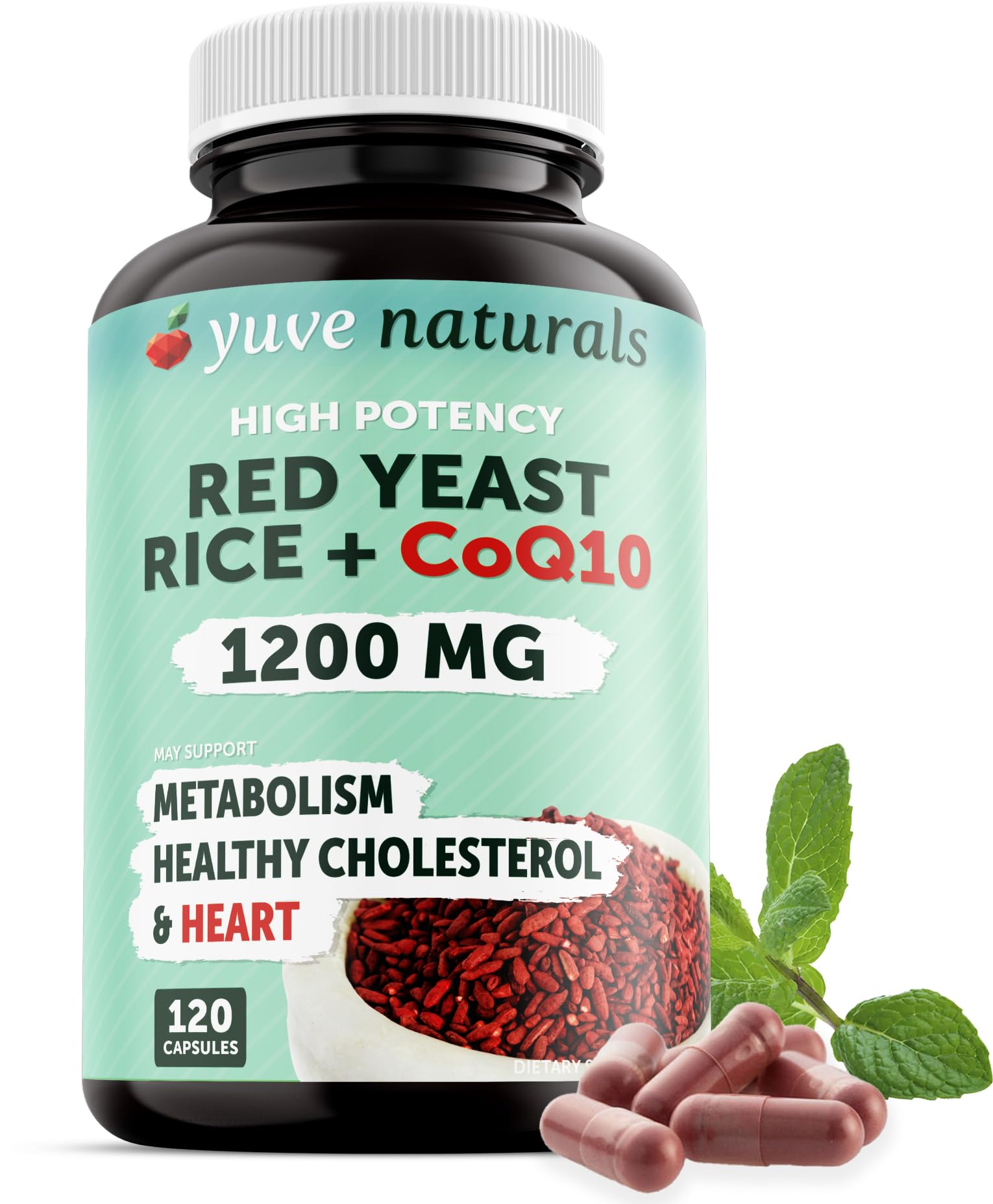 Yuve red yeast rice 1200mg capsules for daily cholesterol support.